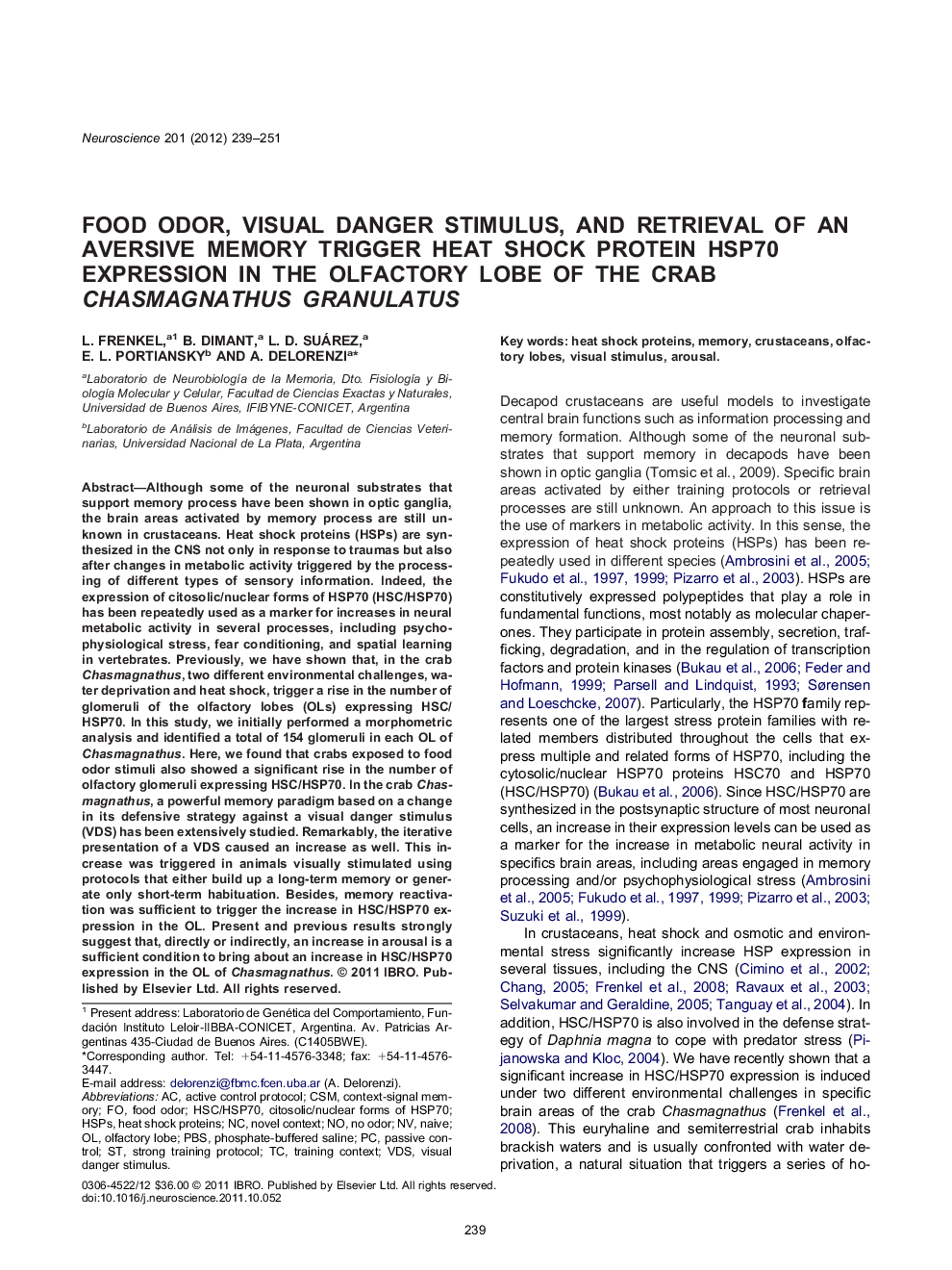 Food odor, visual danger stimulus, and retrieval of an aversive memory trigger heat shock protein HSP70 expression in the olfactory lobe of the crab Chasmagnathus granulatus