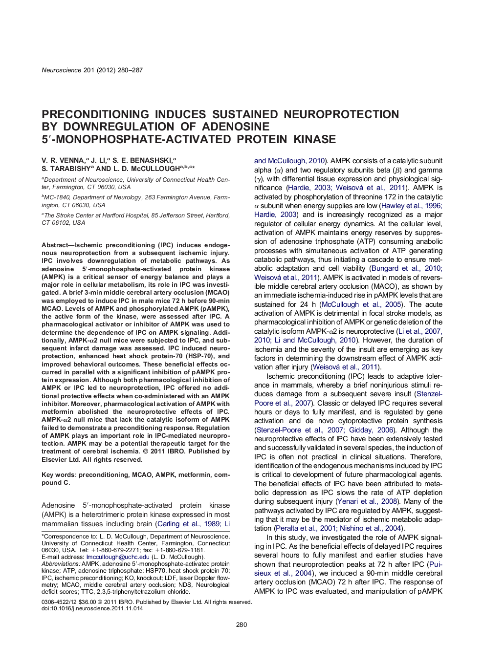 Preconditioning induces sustained neuroprotection by downregulation of adenosine 5′-monophosphate-activated protein kinase