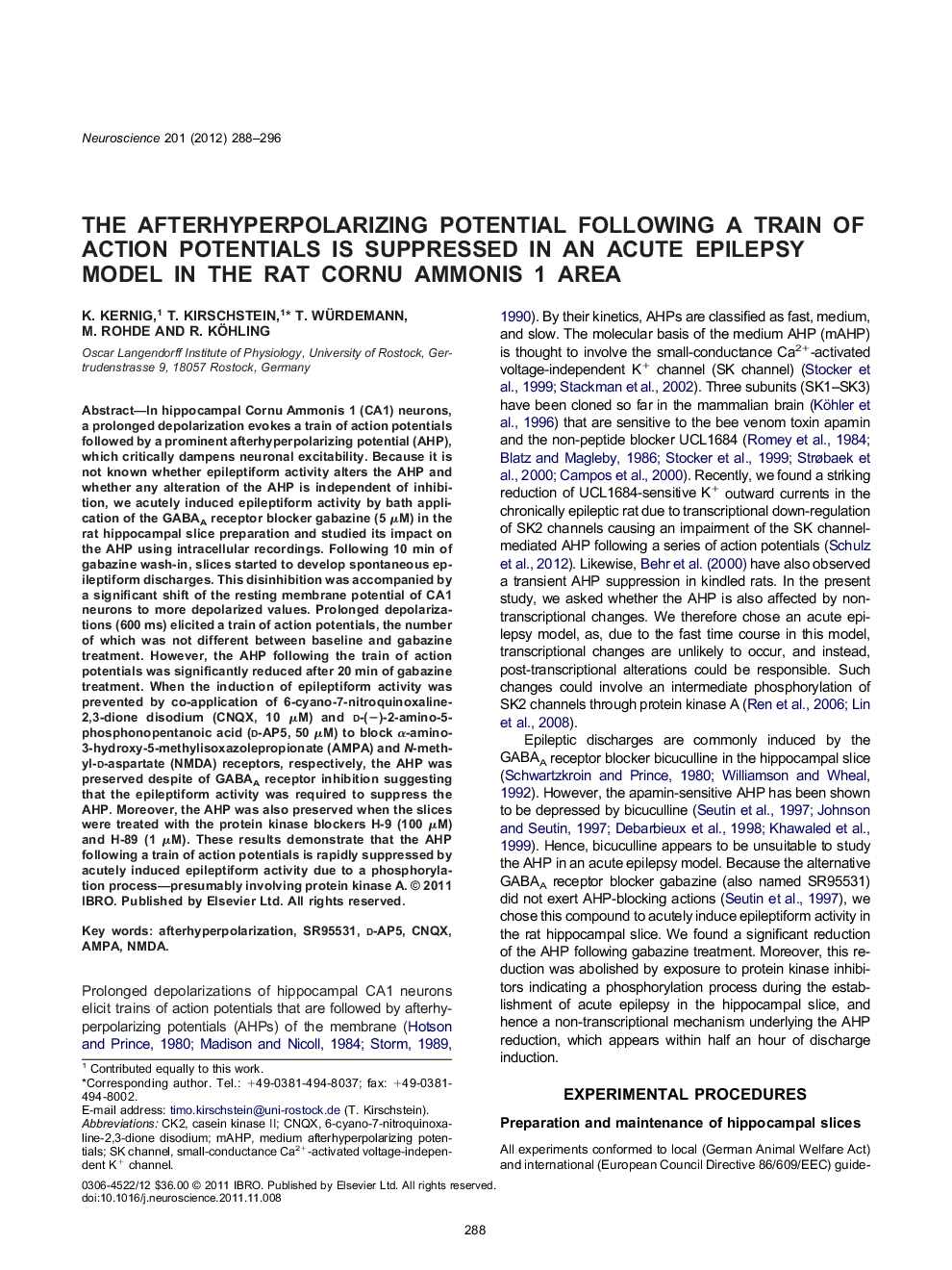 The afterhyperpolarizing potential following a train of action potentials is suppressed in an acute epilepsy model in the rat Cornu Ammonis 1 area