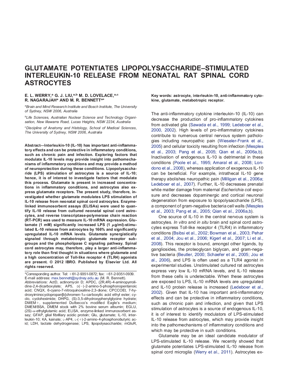 Glutamate potentiates lipopolysaccharide–stimulated interleukin-10 release from neonatal rat spinal cord astrocytes