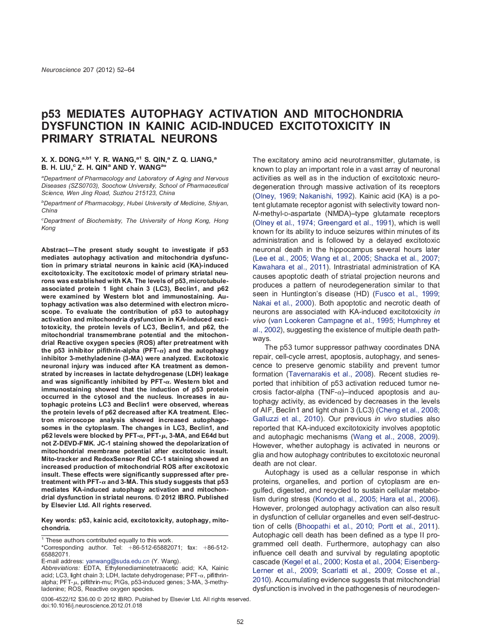 p53 Mediates autophagy activation and mitochondria dysfunction in kainic acid-induced excitotoxicity in primary striatal neurons