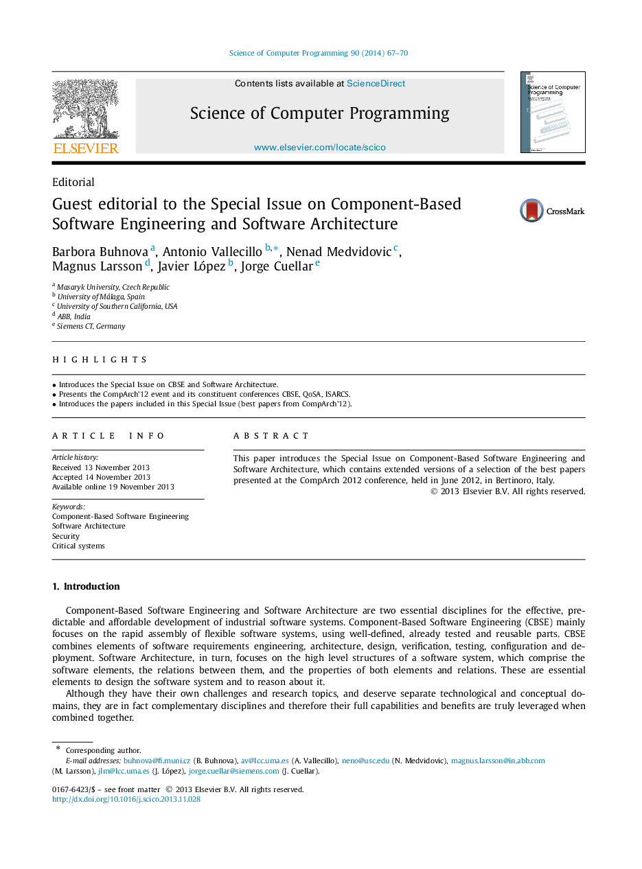 Guest editorial to the Special Issue on Component-Based Software Engineering and Software Architecture