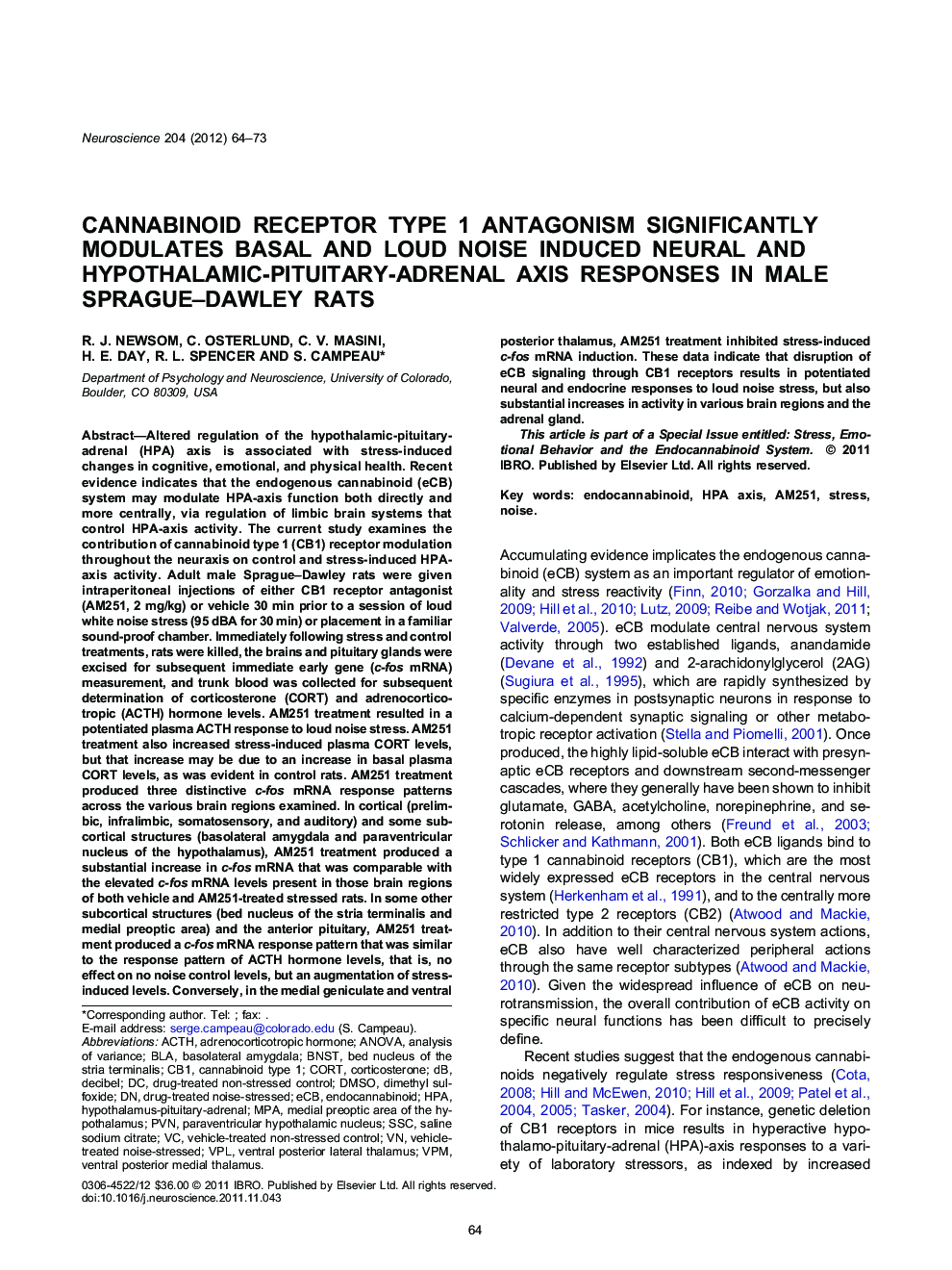 Cannabinoid receptor type 1 antagonism significantly modulates basal and loud noise induced neural and hypothalamic-pituitary-adrenal axis responses in male Sprague–Dawley rats