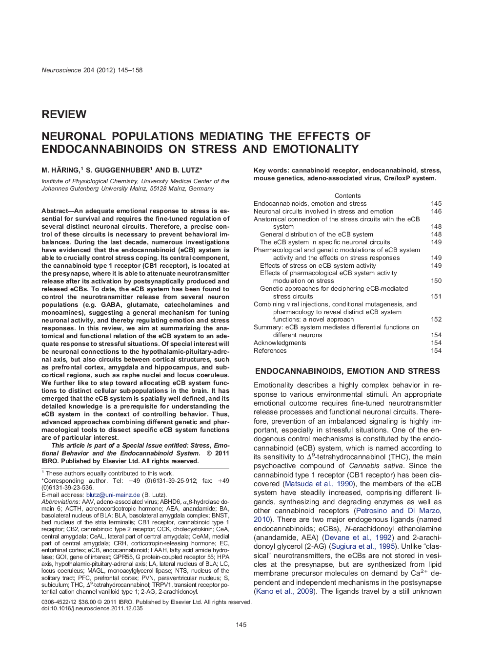 Neuronal populations mediating the effects of endocannabinoids on stress and emotionality