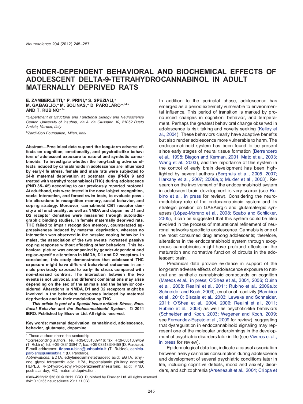 Gender-dependent behavioral and biochemical effects of adolescent delta-9-tetrahydrocannabinol in adult maternally deprived rats