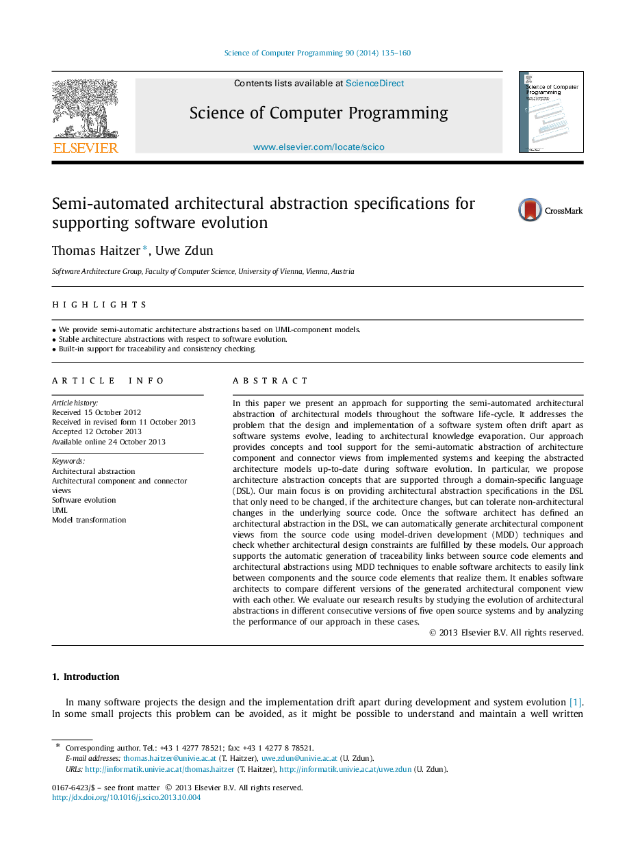 Semi-automated architectural abstraction specifications for supporting software evolution