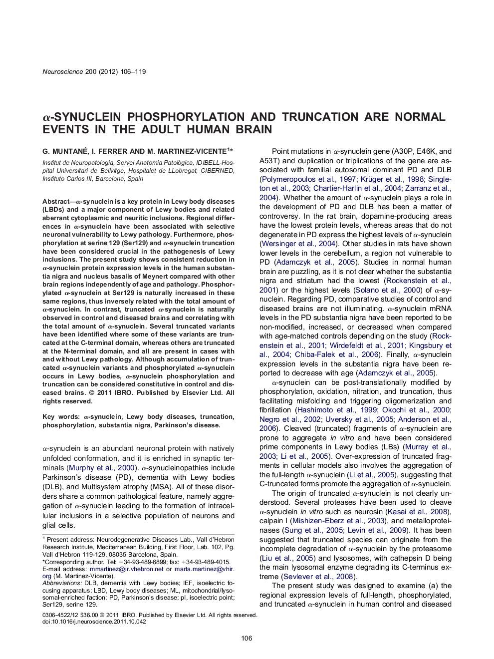 α-synuclein phosphorylation and truncation are normal events in the adult human brain