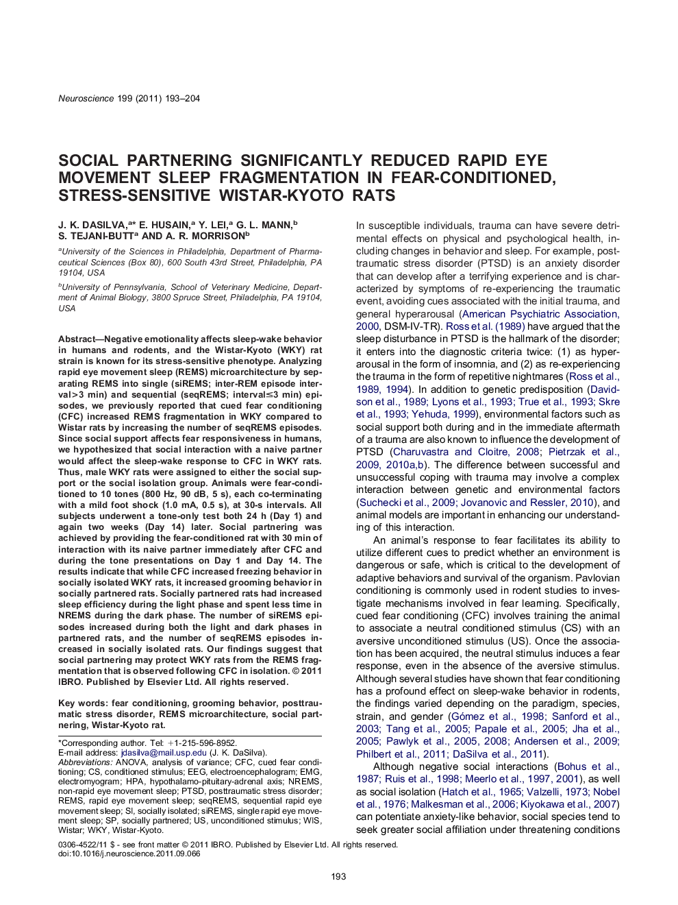 Social partnering significantly reduced rapid eye movement sleep fragmentation in fear-conditioned, stress-sensitive Wistar-Kyoto rats