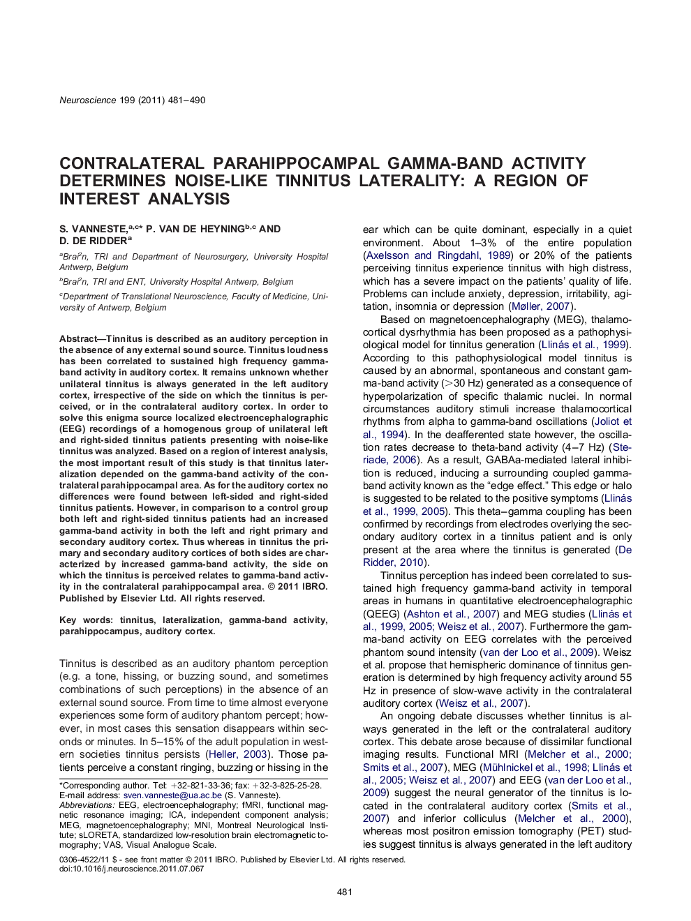 Contralateral parahippocampal gamma-band activity determines noise-like tinnitus laterality: a region of interest analysis