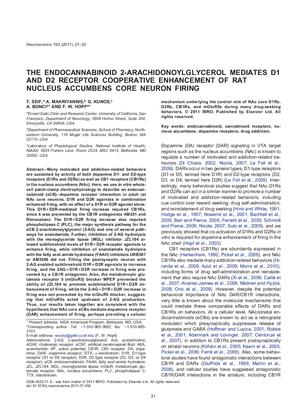 The endocannabinoid 2-arachidonoylglycerol mediates D1 and D2 receptor cooperative enhancement of rat nucleus accumbens core neuron firing