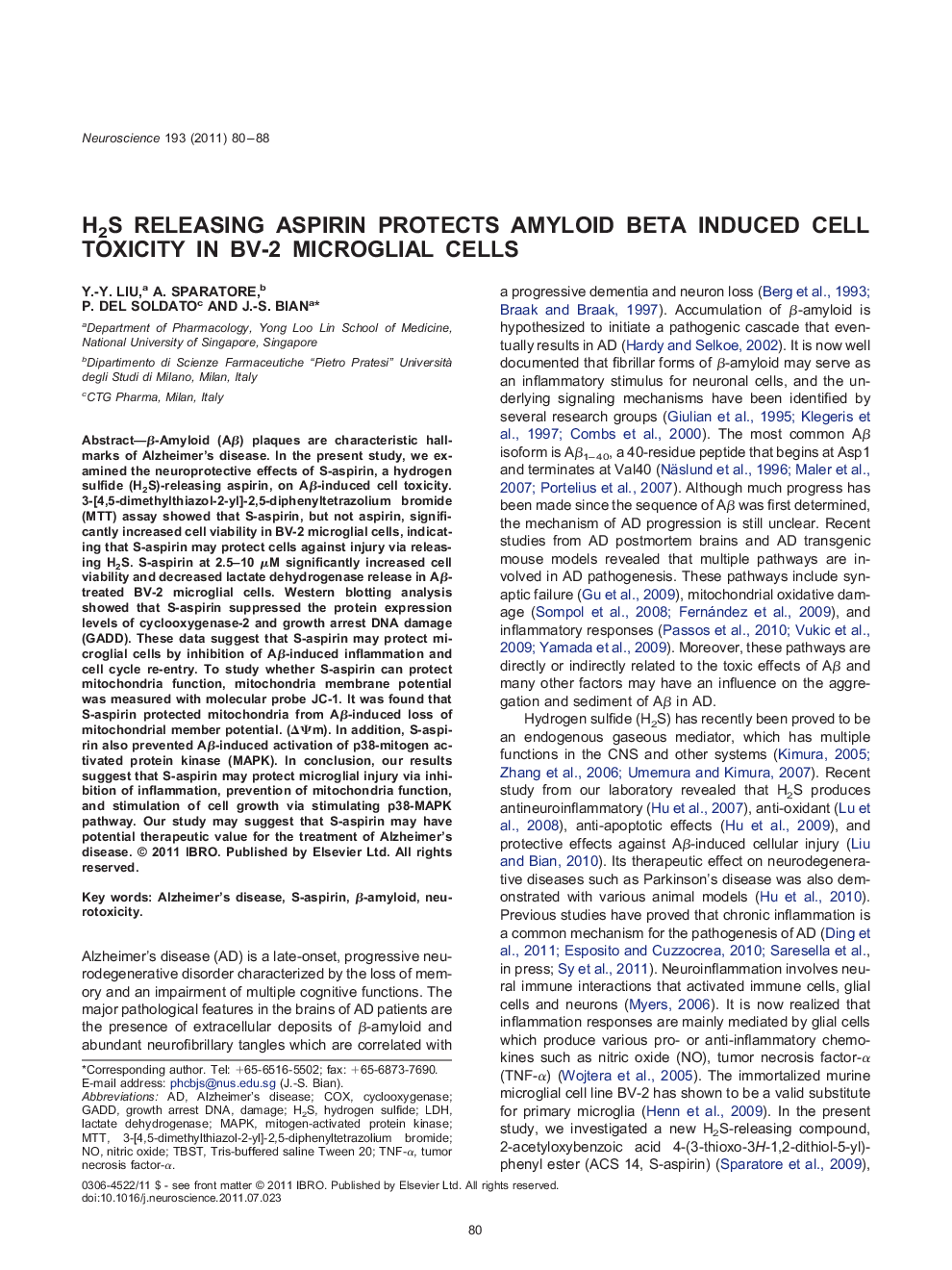 H2S releasing aspirin protects amyloid beta induced cell toxicity in BV-2 microglial cells