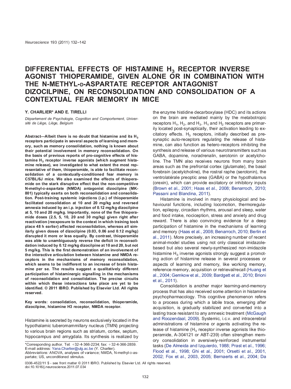 Differential effects of histamine H3 receptor inverse agonist thioperamide, given alone or in combination with the N-methyl-d-aspartate receptor antagonist dizocilpine, on reconsolidation and consolidation of a contextual fear memory in mice