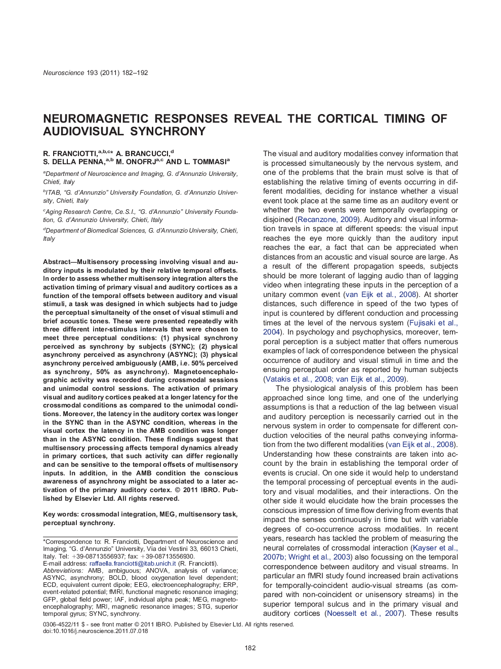 Neuromagnetic responses reveal the cortical timing of audiovisual synchrony