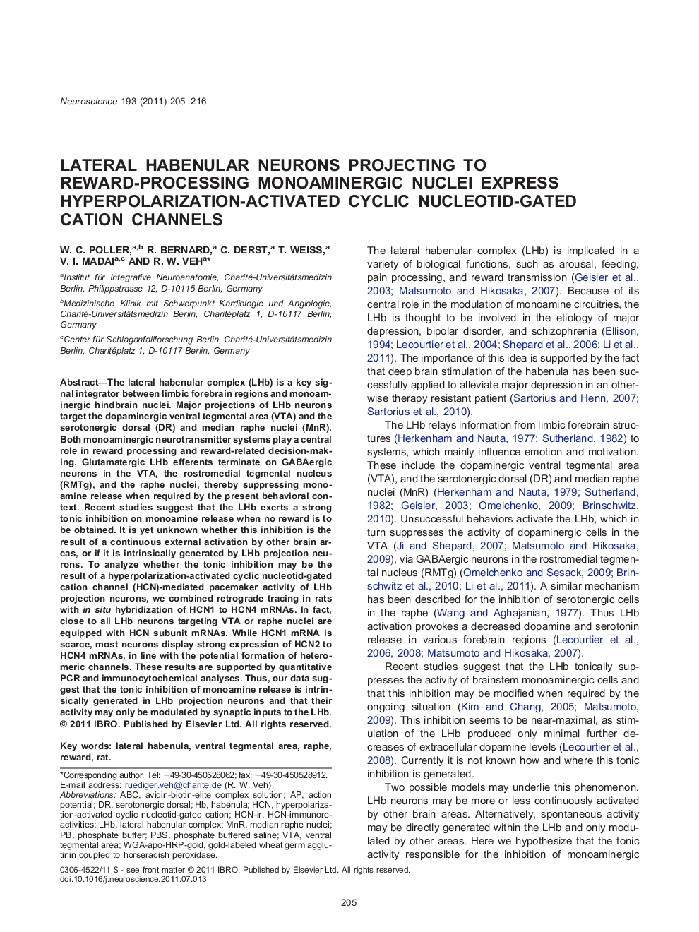 Lateral habenular neurons projecting to reward-processing monoaminergic nuclei express hyperpolarization-activated cyclic nucleotid-gated cation channels