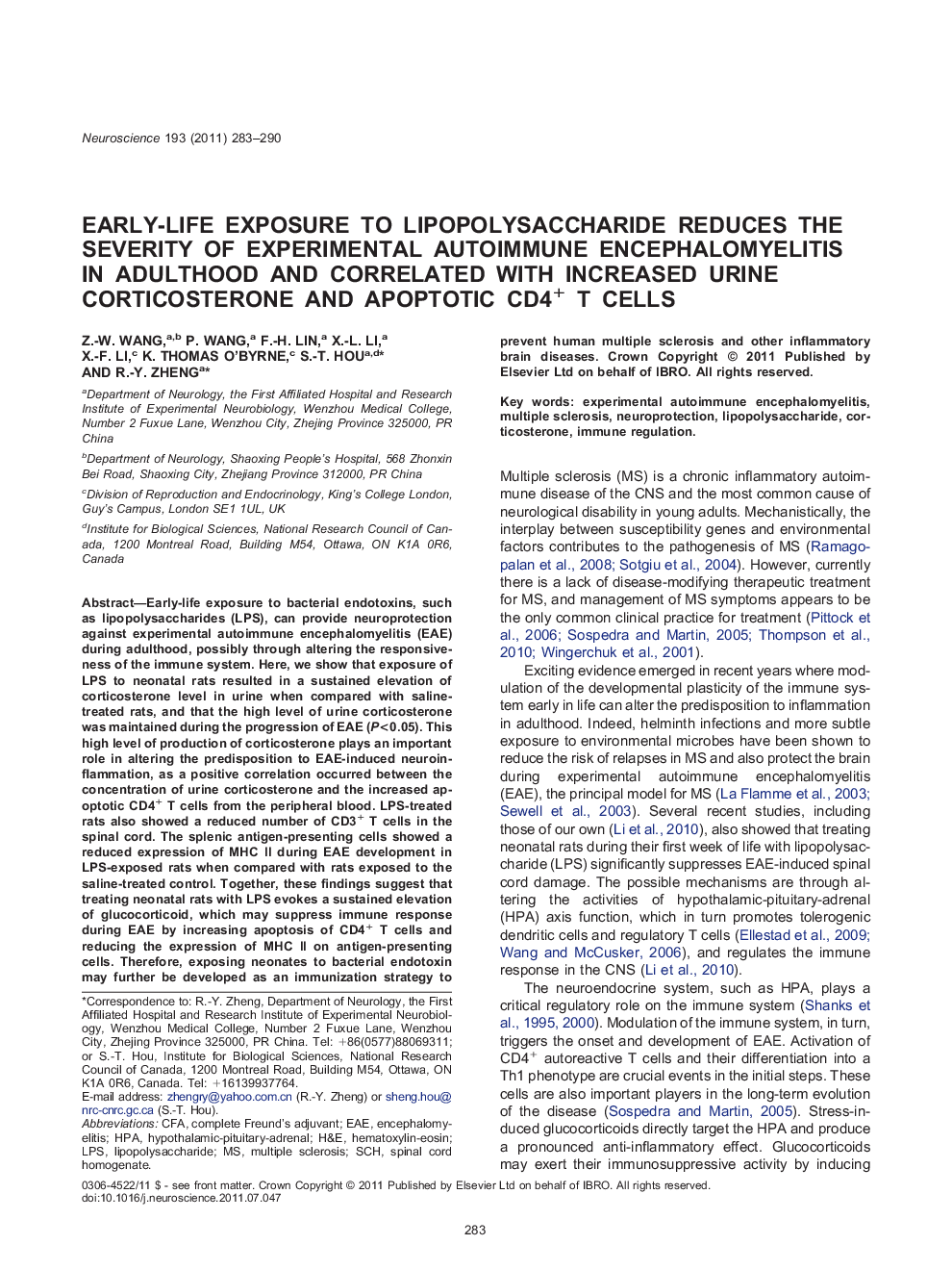 Early-life exposure to lipopolysaccharide reduces the severity of experimental autoimmune encephalomyelitis in adulthood and correlated with increased urine corticosterone and apoptotic CD4+ T cells