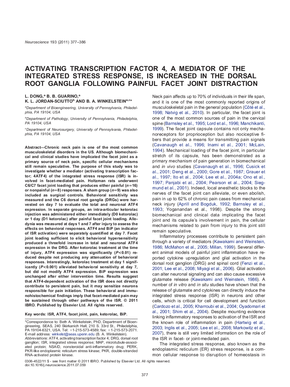 Activating transcription factor 4, a mediator of the integrated stress response, is increased in the dorsal root ganglia following painful facet joint distraction