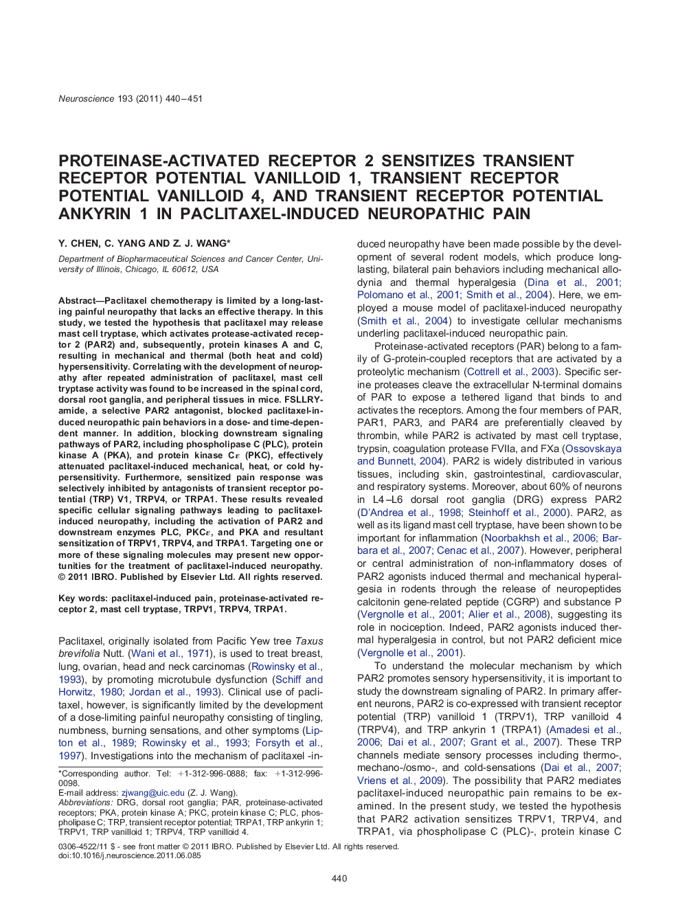 Proteinase-activated receptor 2 sensitizes transient receptor potential vanilloid 1, transient receptor potential vanilloid 4, and transient receptor potential ankyrin 1 in paclitaxel-induced neuropathic pain