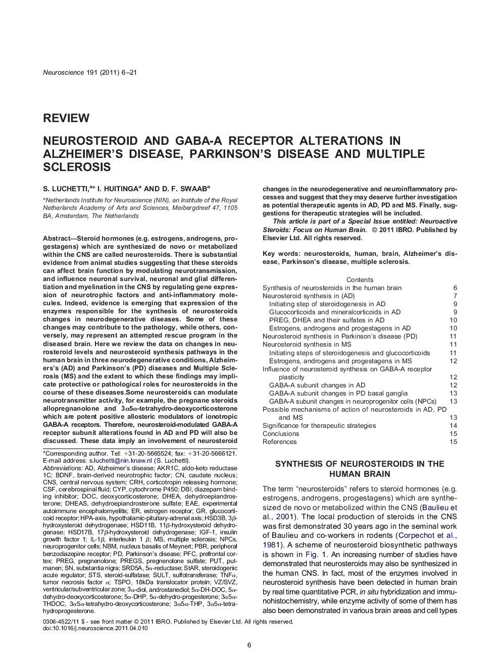 Neurosteroid and GABA-A receptor alterations in Alzheimer's disease, Parkinson's disease and multiple sclerosis