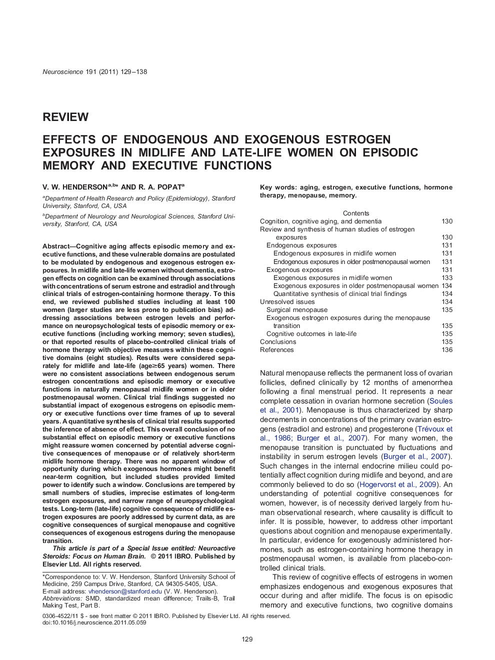 Effects of endogenous and exogenous estrogen exposures in midlife and late-life women on episodic memory and executive functions