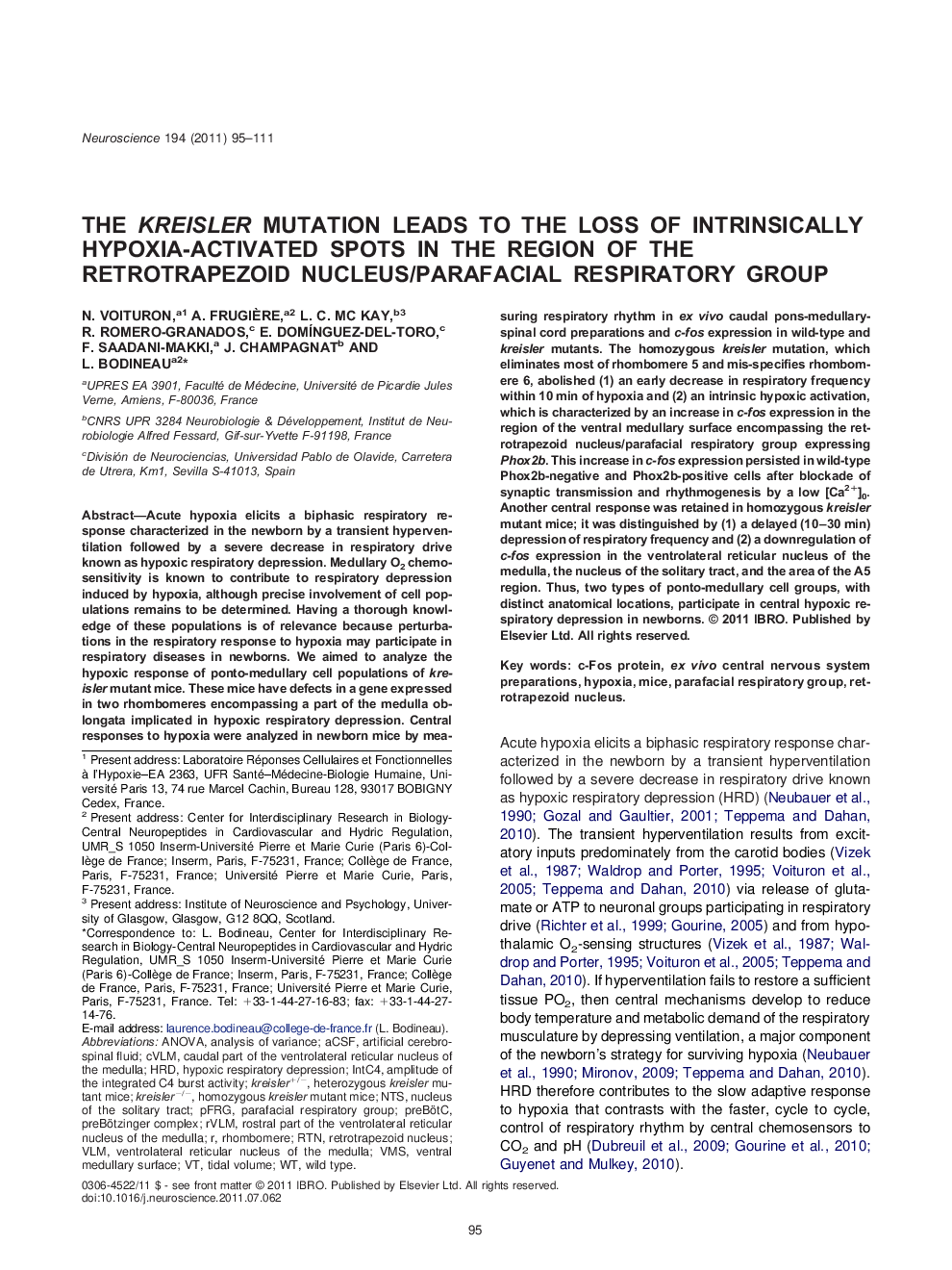 The kreisler mutation leads to the loss of intrinsically hypoxia-activated spots in the region of the retrotrapezoid nucleus/parafacial respiratory group