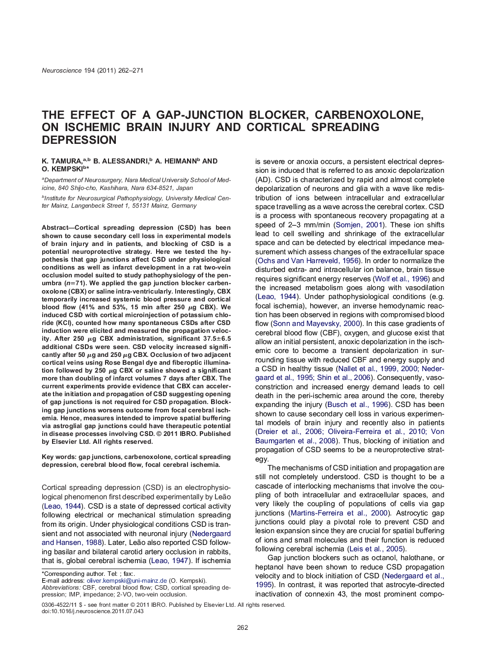 The effect of a gap-junction blocker, carbenoxolone, on ischemic brain injury and cortical spreading depression