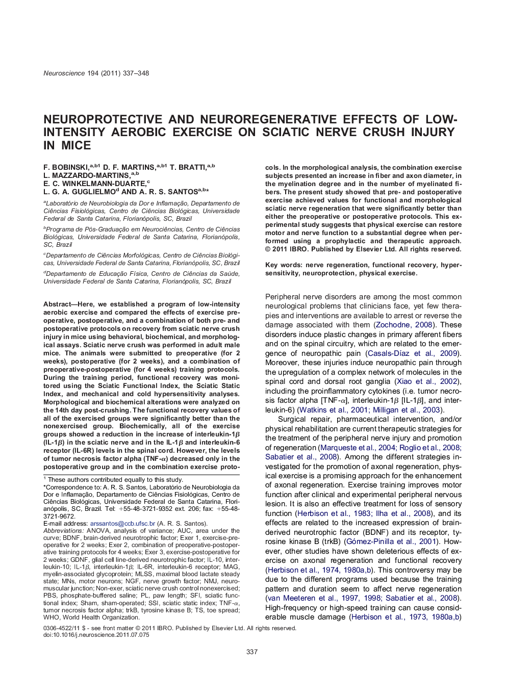 Neuroprotective and neuroregenerative effects of low-intensity aerobic exercise on sciatic nerve crush injury in mice