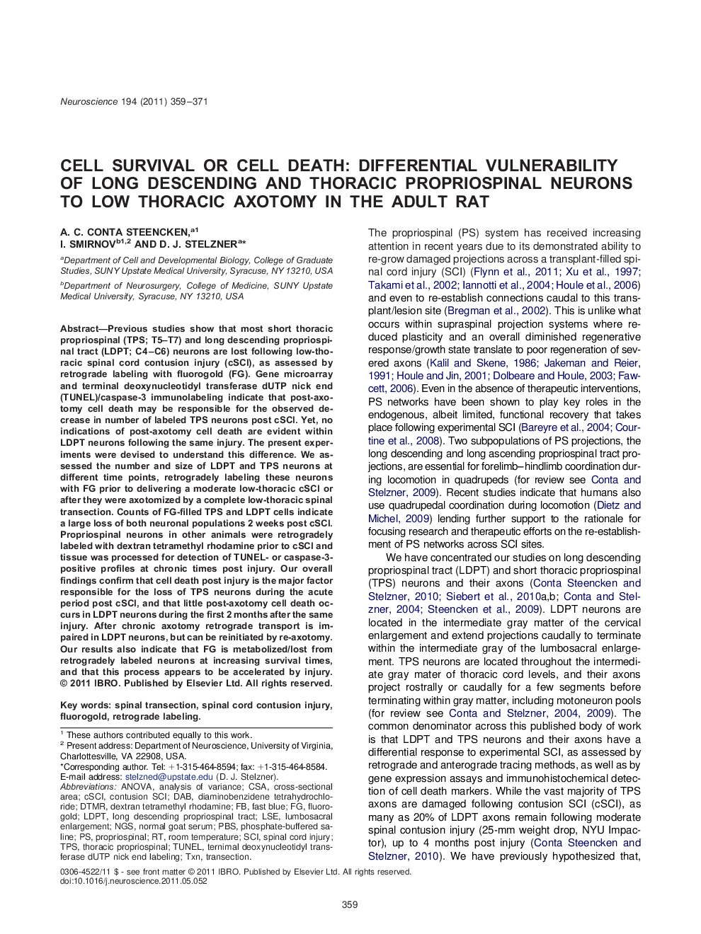 Cell survival or cell death: differential vulnerability of long descending and thoracic propriospinal neurons to low thoracic axotomy in the adult rat