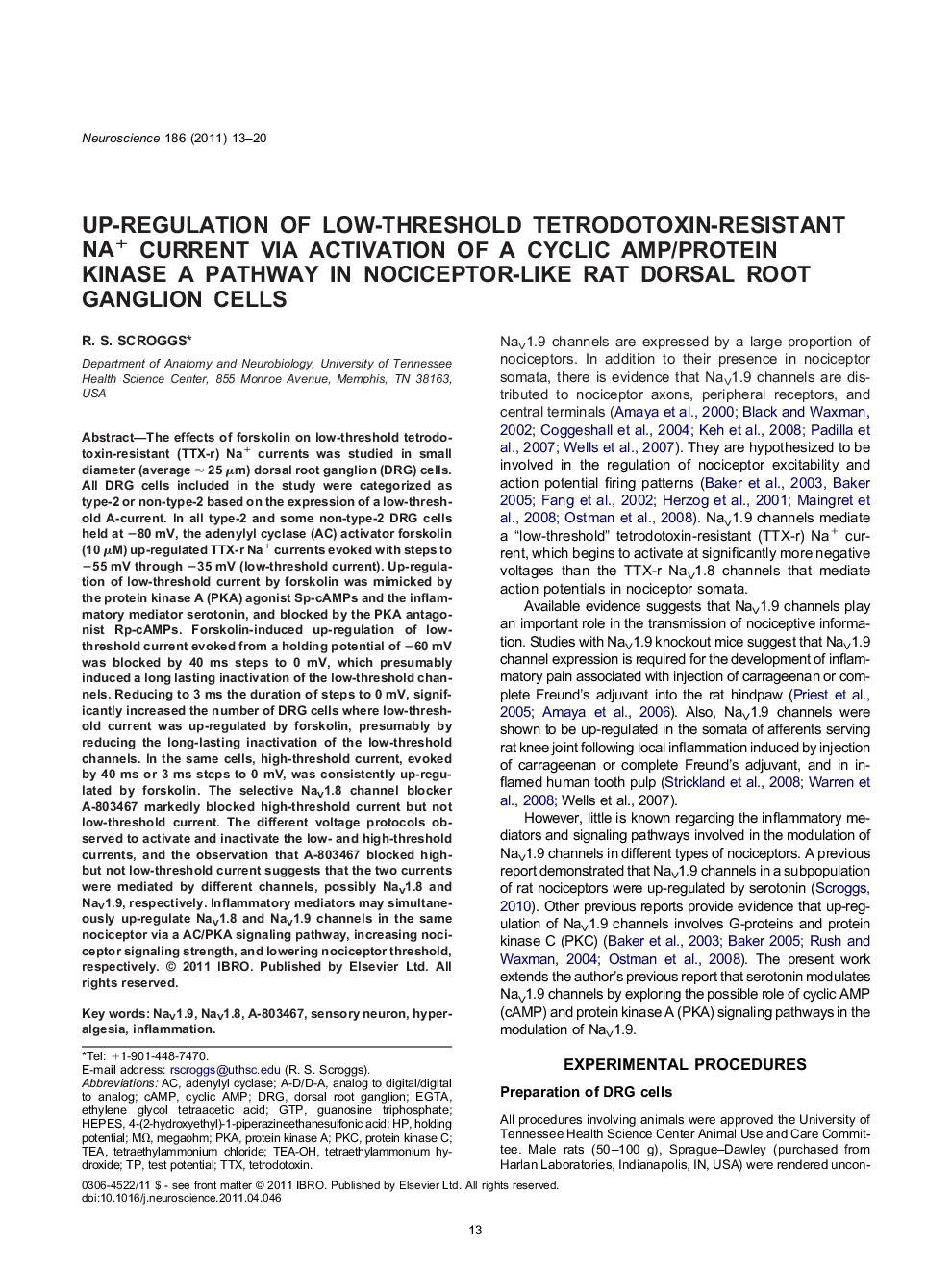 Up-regulation of low-threshold tetrodotoxin-resistant Na+ current via activation of a cyclic AMP/protein kinase A pathway in nociceptor-like rat dorsal root ganglion cells