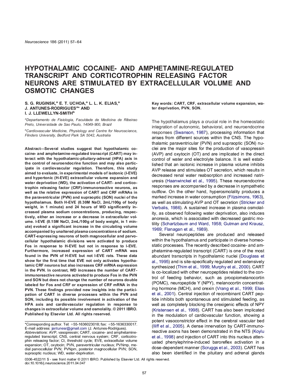 Hypothalamic cocaine- and amphetamine-regulated transcript and corticotrophin releasing factor neurons are stimulated by extracellular volume and osmotic changes