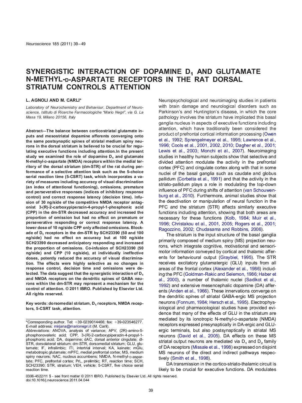 Synergistic interaction of dopamine D1 and glutamate N-methyl-d-aspartate receptors in the rat dorsal striatum controls attention