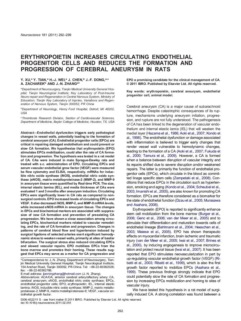 Erythropoietin increases circulating endothelial progenitor cells and reduces the formation and progression of cerebral aneurysm in rats