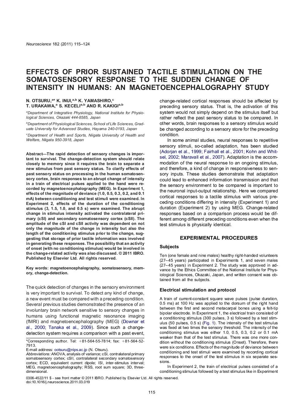 Effects of prior sustained tactile stimulation on the somatosensory response to the sudden change of intensity in humans: an magnetoencephalography study