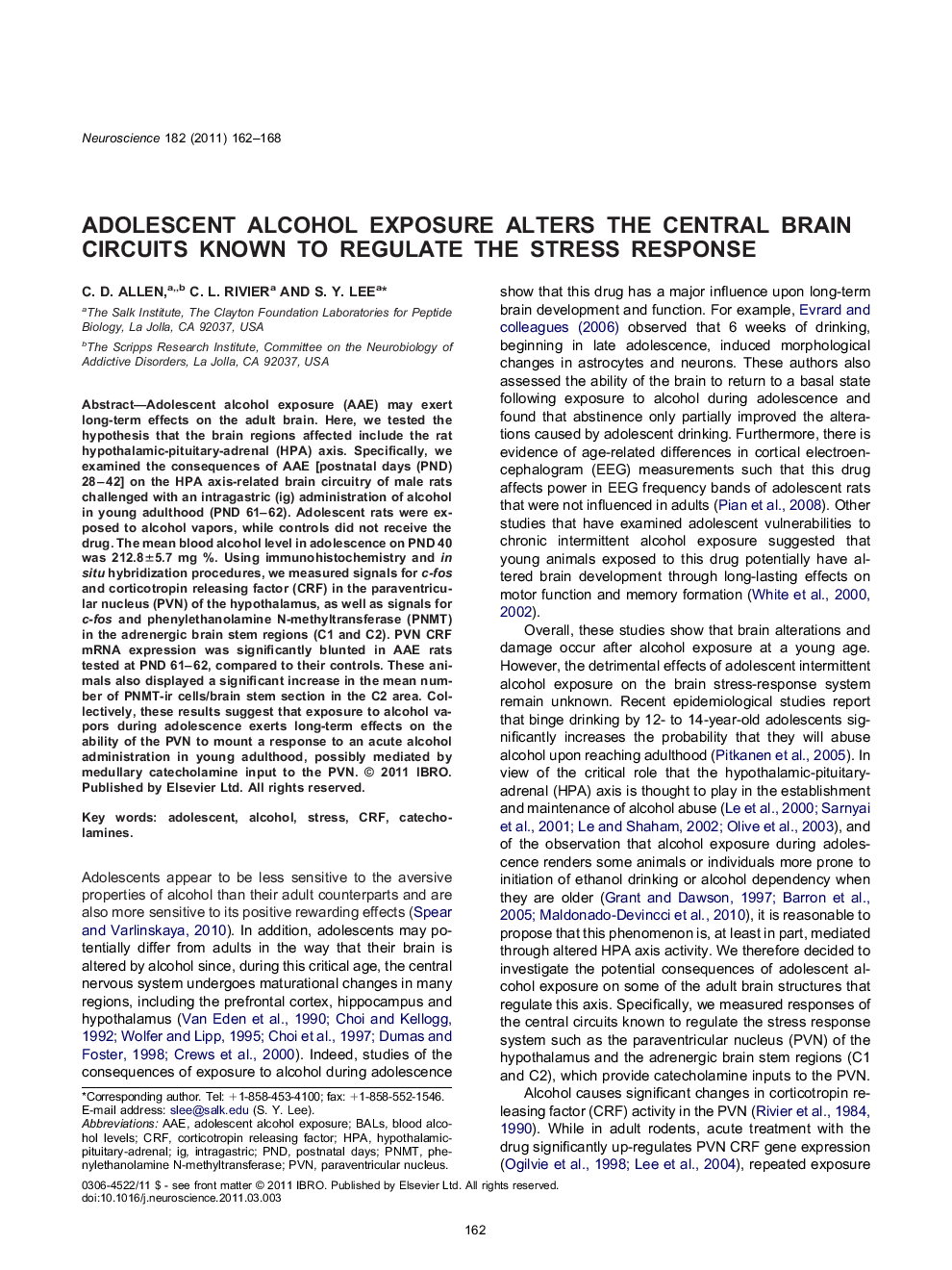 Adolescent alcohol exposure alters the central brain circuits known to regulate the stress response