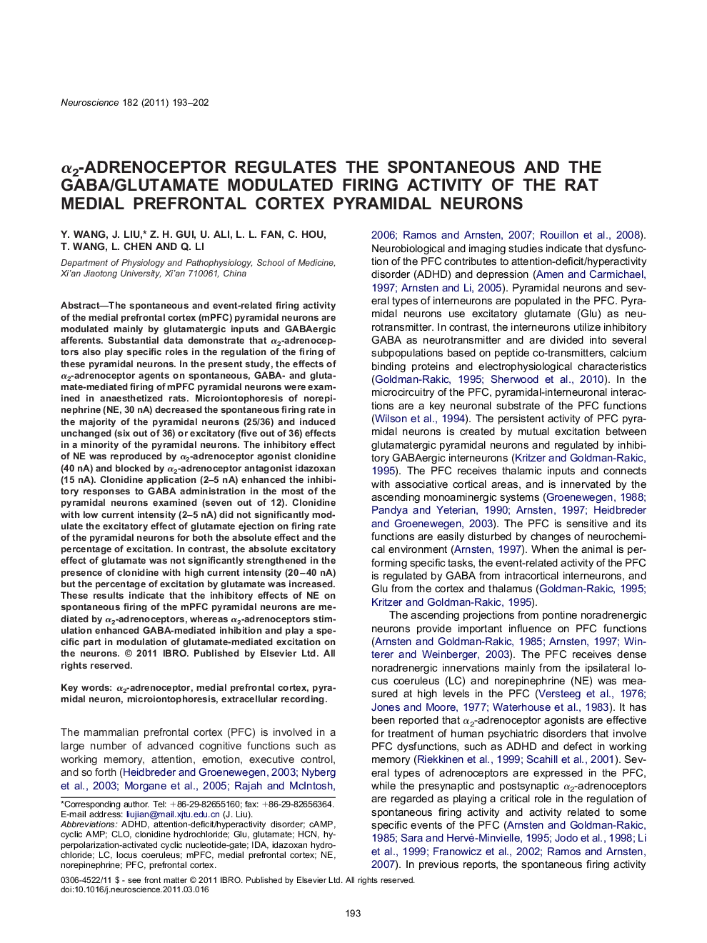 Î±2-Adrenoceptor regulates the spontaneous and the GABA/glutamate modulated firing activity of the rat medial prefrontal cortex pyramidal neurons