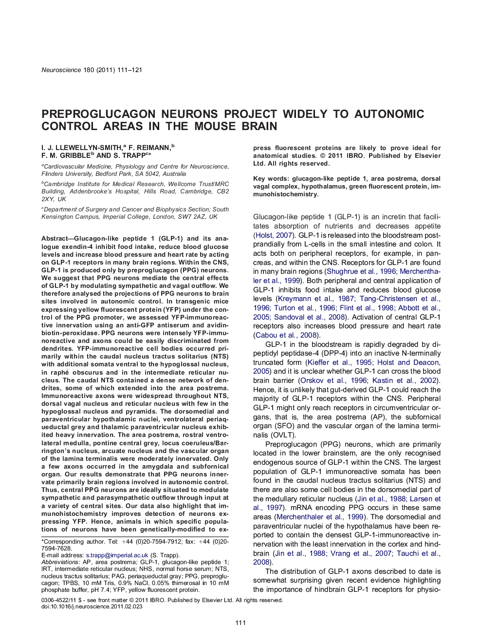 Preproglucagon neurons project widely to autonomic control areas in the mouse brain