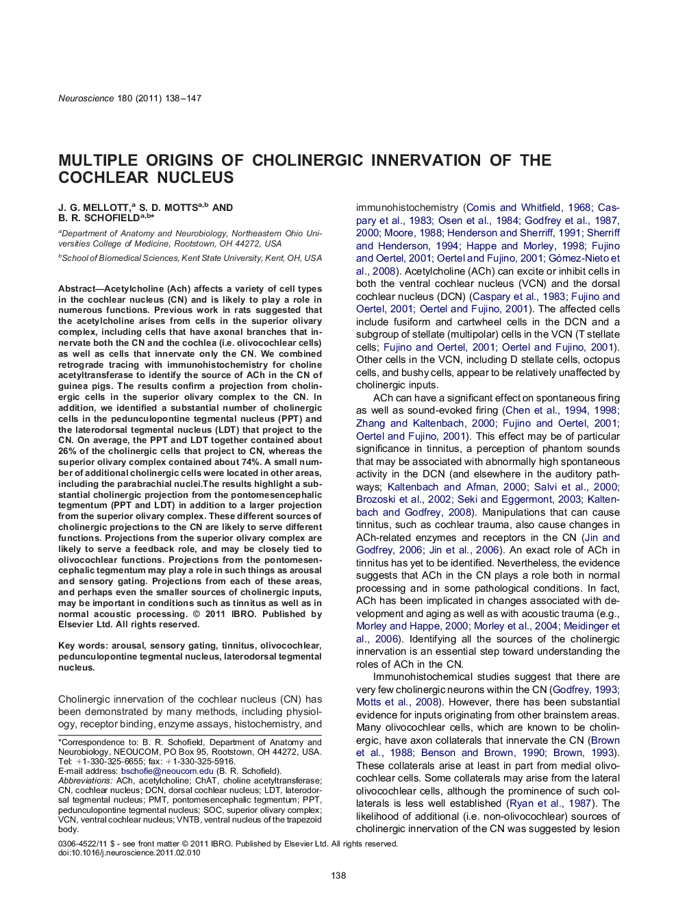 Multiple origins of cholinergic innervation of the cochlear nucleus