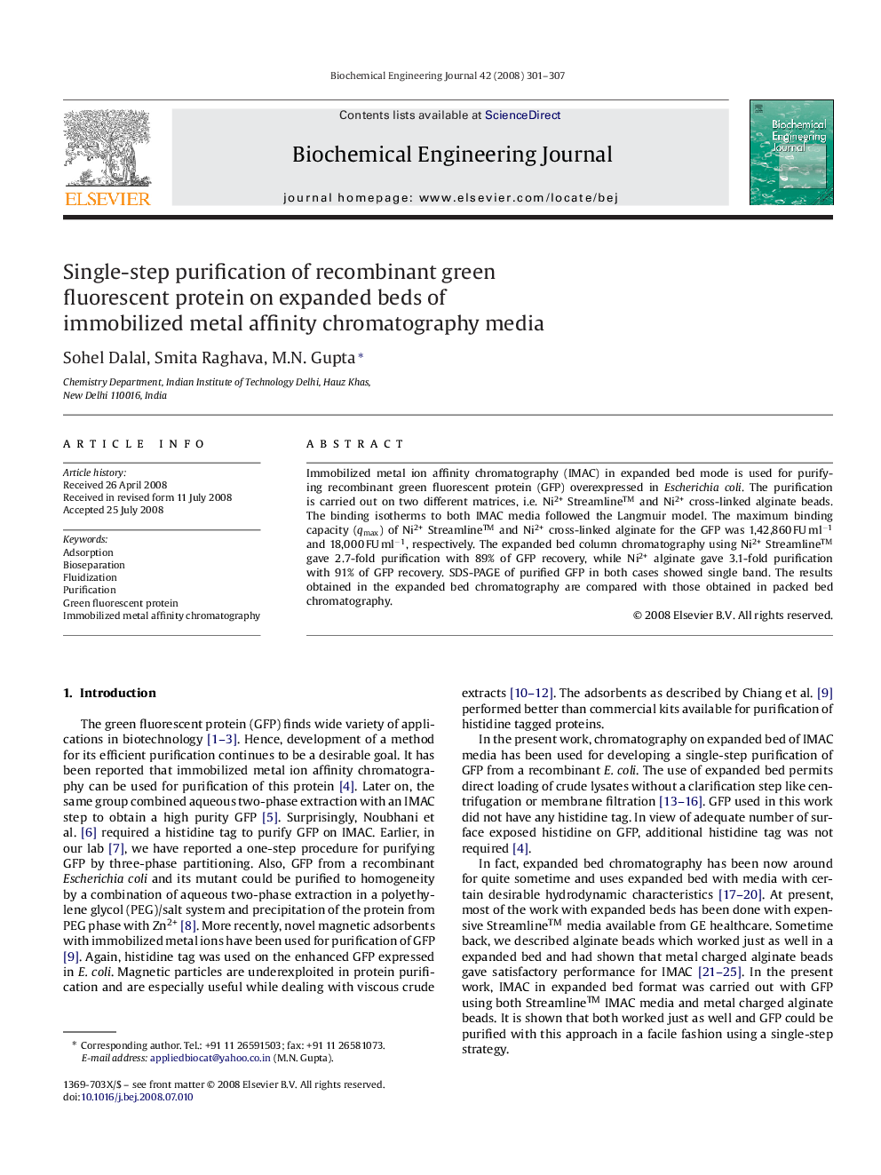 Single-step purification of recombinant green fluorescent protein on expanded beds of immobilized metal affinity chromatography media