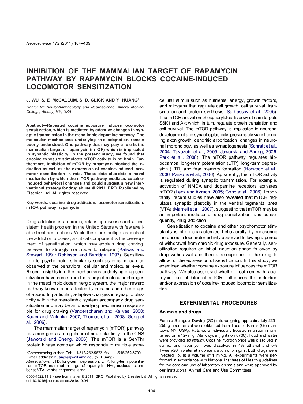 Inhibition of the mammalian target of rapamycin pathway by rapamycin blocks cocaine-induced locomotor sensitization