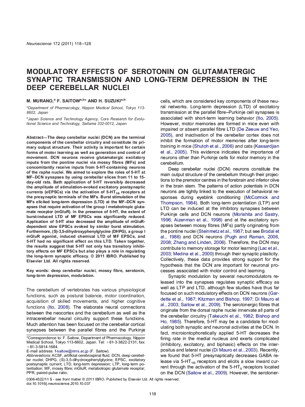 Modulatory effects of serotonin on glutamatergic synaptic transmission and long-term depression in the deep cerebellar nuclei