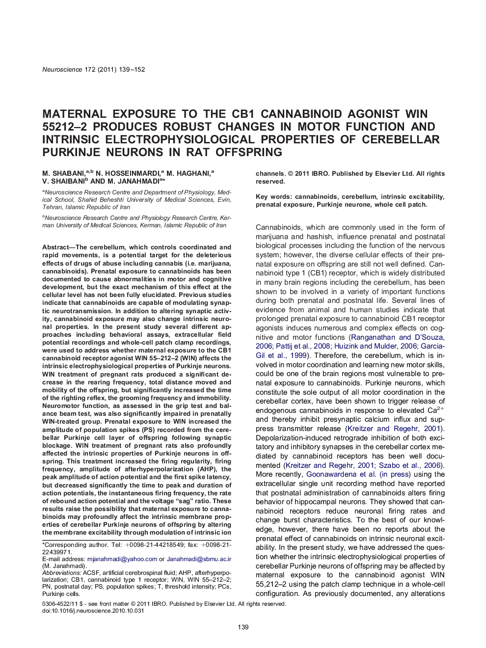 Maternal exposure to the CB1 cannabinoid agonist WIN 55212-2 produces robust changes in motor function and intrinsic electrophysiological properties of cerebellar Purkinje neurons in rat offspring