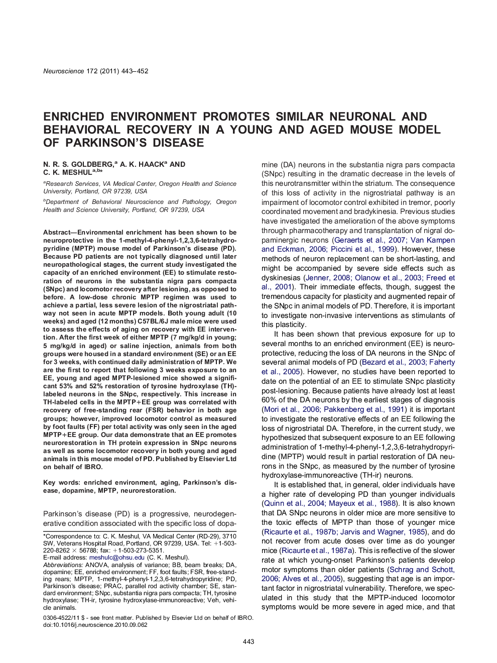 Enriched environment promotes similar neuronal and behavioral recovery in a young and aged mouse model of Parkinson's disease