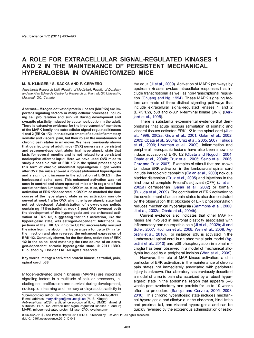 A role for extracellular signal-regulated kinases 1 and 2 in the maintenance of persistent mechanical hyperalgesia in ovariectomized mice