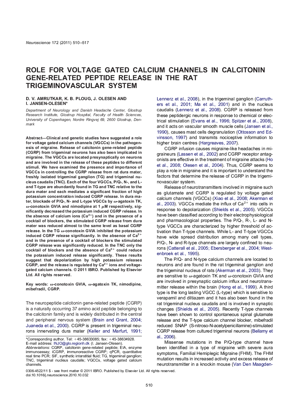 Role for voltage gated calcium channels in calcitonin gene-related peptide release in the rat trigeminovascular system