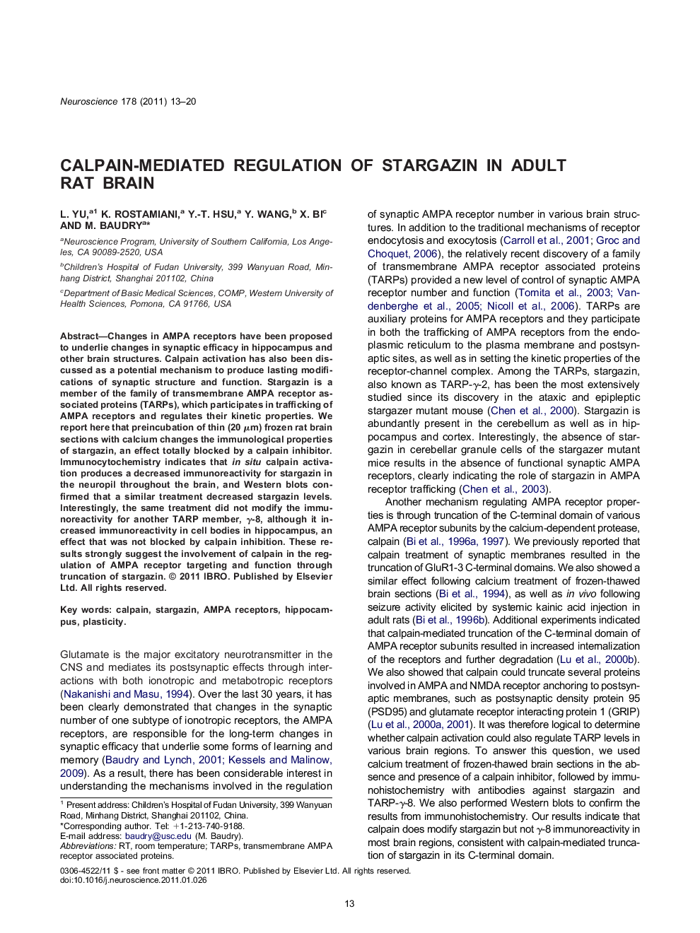 Calpain-mediated regulation of stargazin in adult rat brain