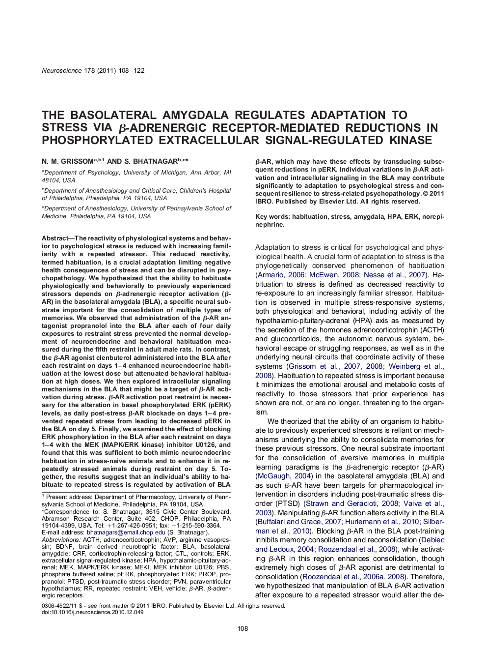 The basolateral amygdala regulates adaptation to stress via β-adrenergic receptor-mediated reductions in phosphorylated extracellular signal-regulated kinase