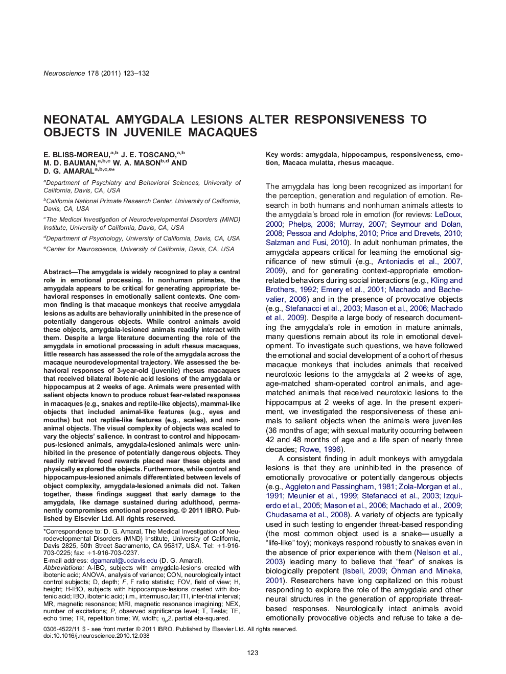 Neonatal amygdala lesions alter responsiveness to objects in juvenile macaques