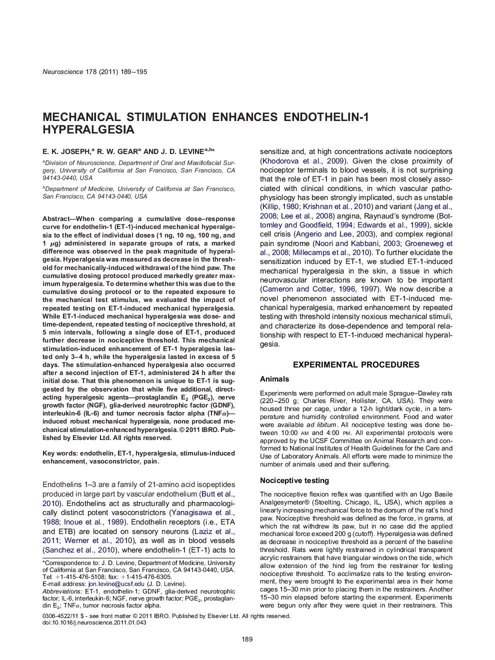 Mechanical stimulation enhances endothelin-1 hyperalgesia