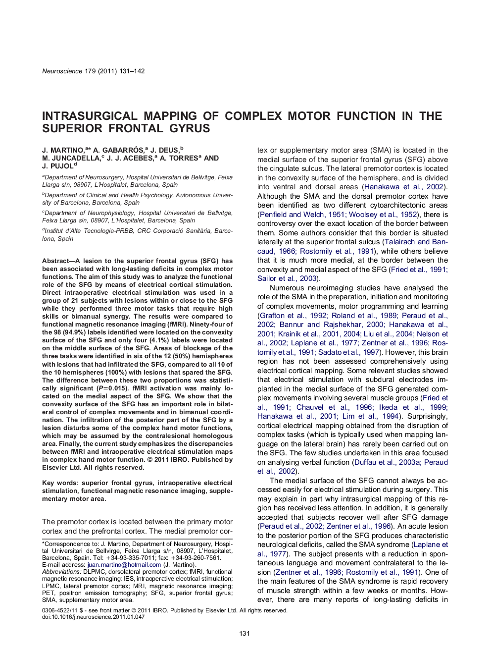 Intrasurgical mapping of complex motor function in the superior frontal gyrus