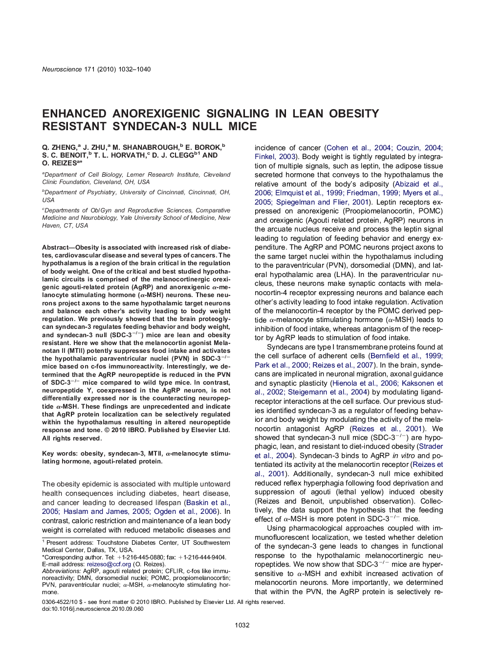 Enhanced anorexigenic signaling in lean obesity resistant syndecan-3 null mice