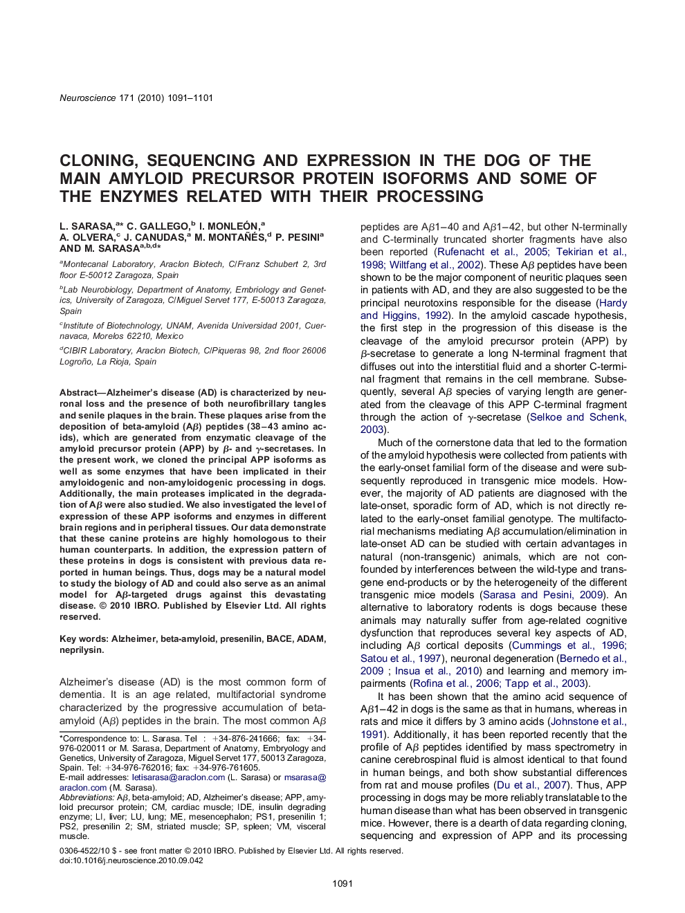 Cloning, sequencing and expression in the dog of the main amyloid precursor protein isoforms and some of the enzymes related with their processing